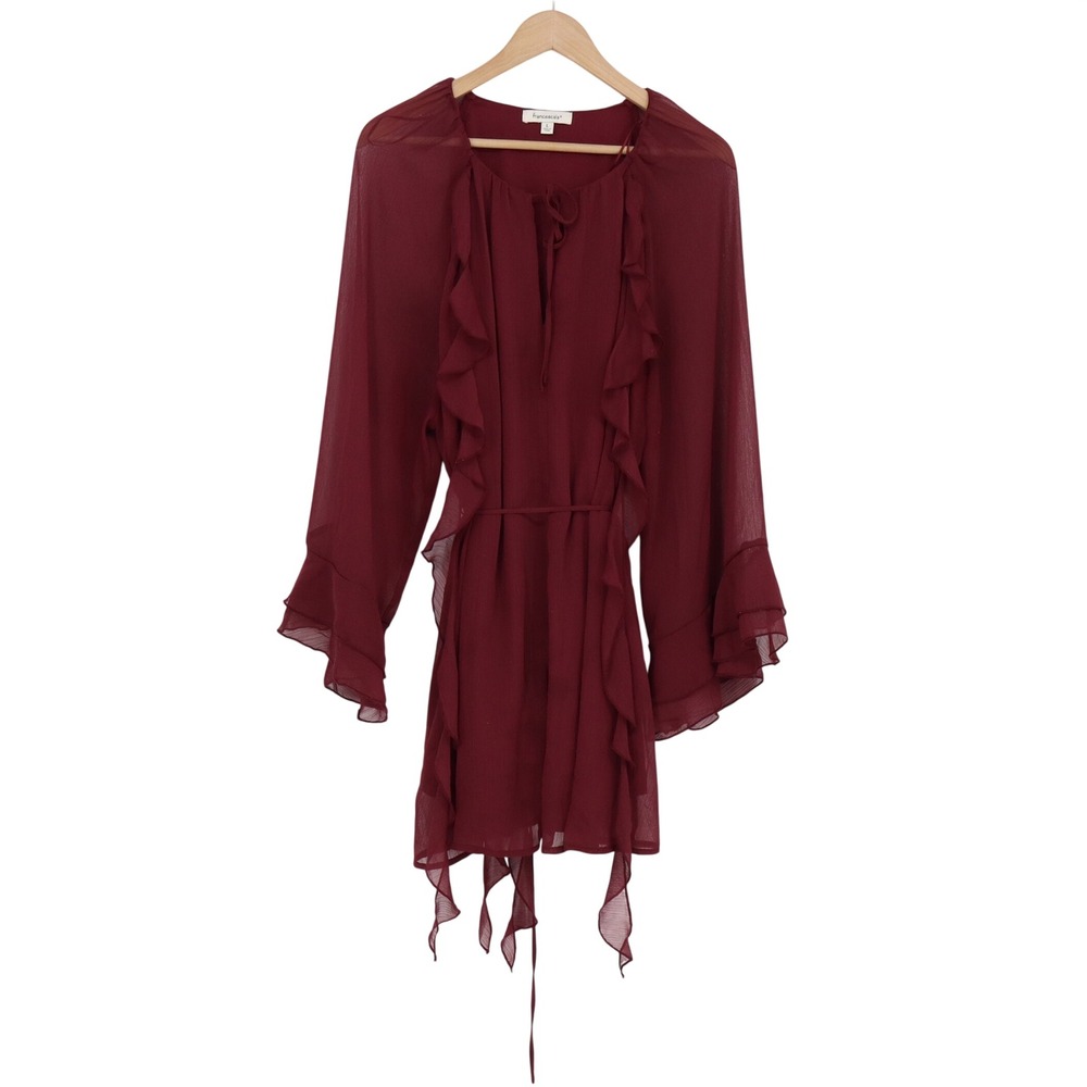 Francesca's Tunic Dress Womens L Burgundy Ruffle Bell Sleeve Excellent